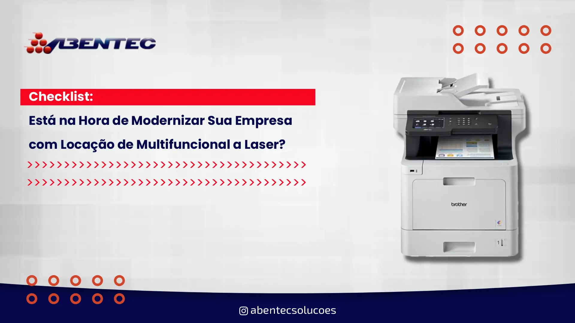 Checklist: Está na Hora de Modernizar Sua Empresa com Locação de Multifuncional a Laser? Introdução Se sua empresa ainda enfrenta lentidão na impressão, altos custos com manutenção ou falta de controle sobre documentos, talvez seja hora de repensar sua infraestrutura. A locação de multifuncional a laser é uma solução moderna, econômica e estratégica — e a Abentec Soluções está pronta para transformar sua rotina corporativa. Neste post, você encontrará um checklist prático para avaliar se sua empresa está pronta para dar o próximo passo rumo à eficiência. 📌 Por que considerar a locação de multifuncional a laser? A locação de equipamentos é uma tendência crescente entre empresas que buscam: • Redução de custos operacionais • Atualização tecnológica sem investimento inicial • Suporte técnico especializado • Monitoramento e controle de impressões Com a Abentec Soluções, você tem acesso a equipamentos de alta performance e suporte completo, sem complicações. 🧾 Checklist: Sua empresa precisa modernizar? 1. Seus equipamentos estão obsoletos? Multifuncionais antigas consomem mais energia, imprimem mais devagar e exigem manutenção constante. 2. Você tem gastos imprevisíveis com impressoras? A locação elimina surpresas no orçamento. Tudo está incluso: manutenção, peças e suporte. 3. Falta controle sobre o volume de impressão? Soluções modernas permitem monitoramento em tempo real, evitando desperdícios. 4. Sua equipe perde tempo com falhas técnicas? Com suporte especializado da Abentec, sua operação não para. 5. Você quer mais segurança na gestão de documentos? Multifuncionais a laser oferecem recursos avançados de criptografia e controle de acesso. Se você respondeu “sim” a três ou mais itens, está na hora de considerar a locação com a Abentec Soluções. 🚀 Conclusão: Modernize com quem entende do assunto A locação de multifuncional a laser é mais do que uma tendência — é uma decisão estratégica. Com a Abentec Soluções, sua empresa ganha em produtividade, economia e tranquilidade. 👉 Entre em contato agora e solicite uma proposta personalizada. A inovação começa com uma escolha inteligente.
